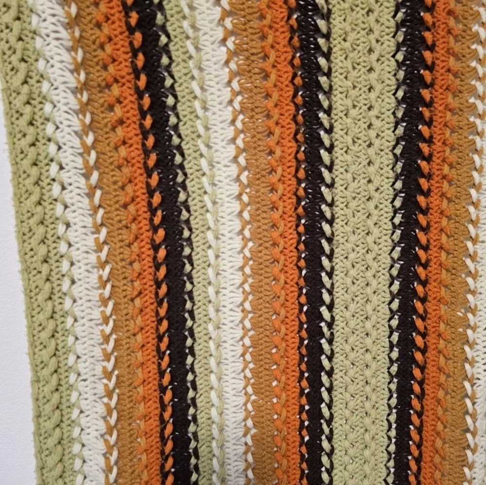 Homemade Green, Orange, Brown colored afghan crocheted blanket approx 36